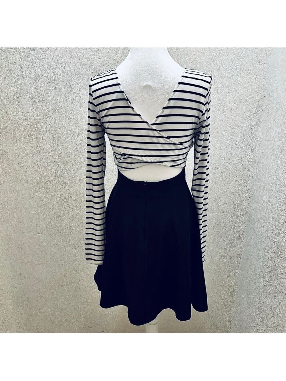 GUESS Black and White Striped Long Sleeve Fit and Flare Dress - Picture 8 of 14